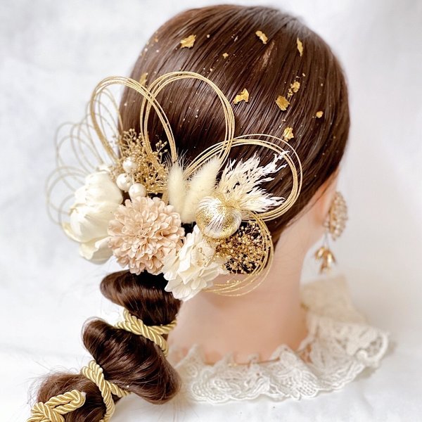 成人式　振袖　結婚式　浴衣　紫陽花と和玉の髪飾り　カシスレッド　金箔　水引付き