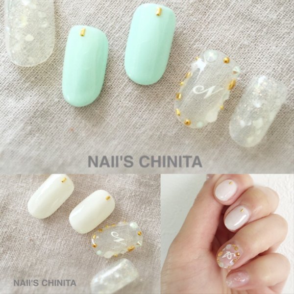 mint×shell×alphabet gelnail♡/ミント/グリーン/シェル/イニシャル/アルファベット/ネイル