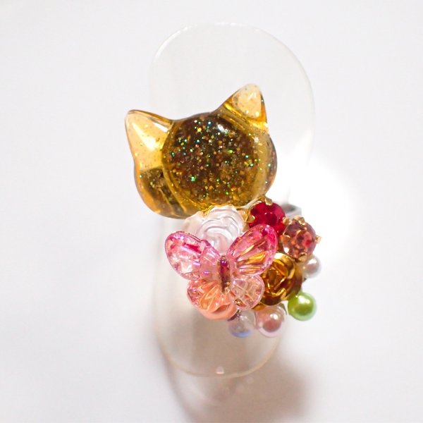 猫のフォークリング 指輪 レジン ビジュー パール 薔薇 黄色