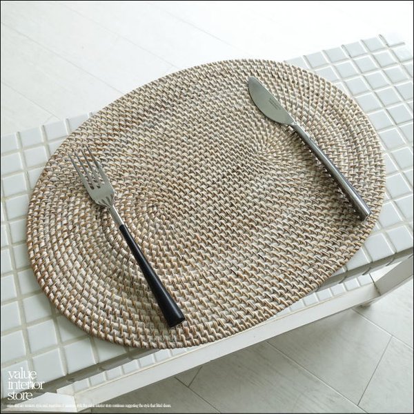 ラタンランチョンマットDAEN/WW 手編みマット 敷物 テーブルウェア 楕円 籐 キッチン雑貨 ナチュラルホワイト ハンドメイド 自然素材