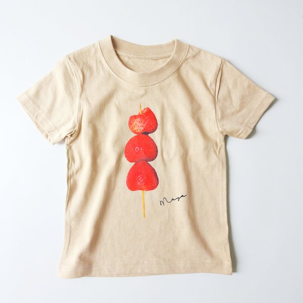 Foods on stick/リアルないちご飴Tシャツ ベージュ 名入れOK レディース・メンズ・キッズ・ロンパースでお揃いにも♡ イチゴ