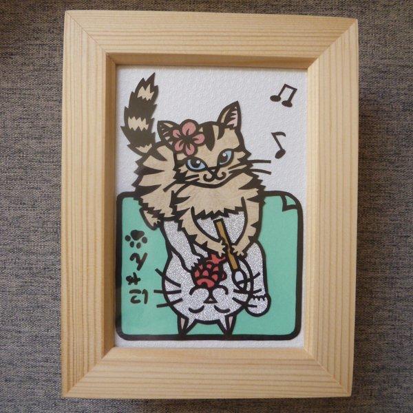 招き猫を描く猫ちゃんの切り絵　♪　（L判）