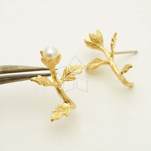 【2個入り（1ペア）】お花＆枝イヤリングパーツ、芯立ピアス、925芯、マットゴールド/SI-663-MG