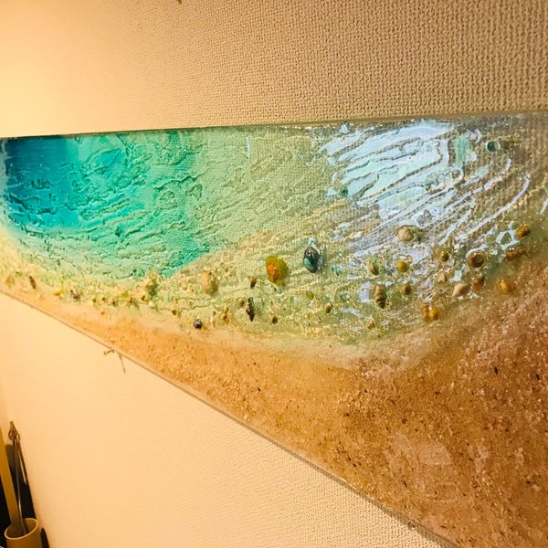 壁掛けアートパネルターコイズブルーのビーチ 110×25 壁飾り