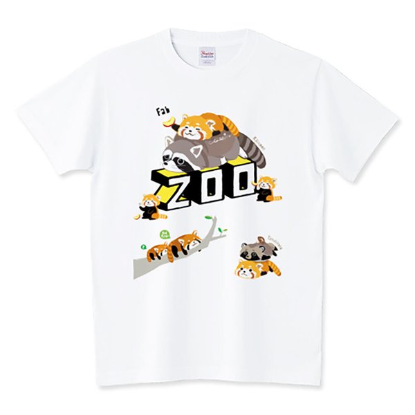 ごきげんレッサーパンダと太りすぎアライグマ ZOO斜めロゴ 0627 Tシャツ おまけでタヌキノコ添え 半袖 白限定