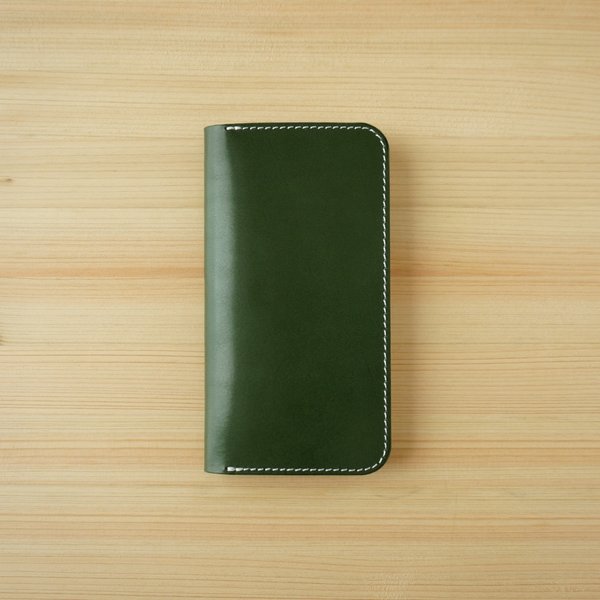 牛革 iPhone15 / 15 Pro カバー  ヌメ革  レザーケース  手帳型  グリーンカラー 