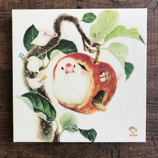 「白文鳥とリンゴ」15x15cm パネル作品