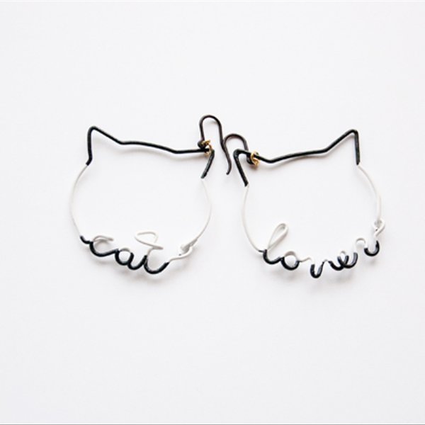 Arty Wire Pierced Earrings - cat lover BLACK