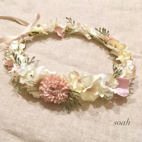 大人用 antique white & pink 花かんむり（wide）ラッピング無料