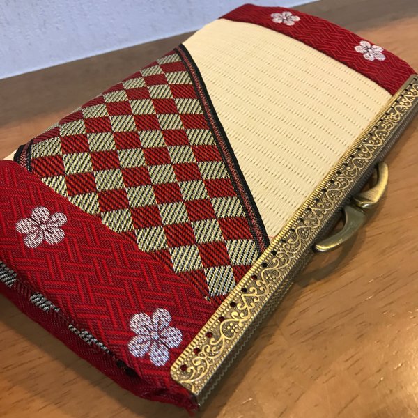 和風 畳がま口長財布 赤市松×赤梅 財布