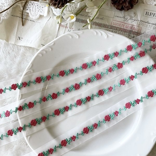 1m 綺麗 薔薇 花 フラワー 刺繍 オーガンジーリボン テープ ブレード BK210509 ハンドメイド 手芸 素材