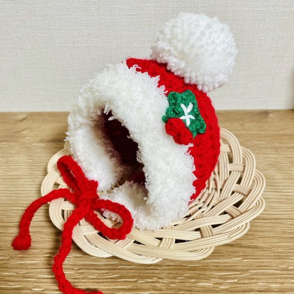 耳穴 ポンポンニット帽 赤色 クリスマス