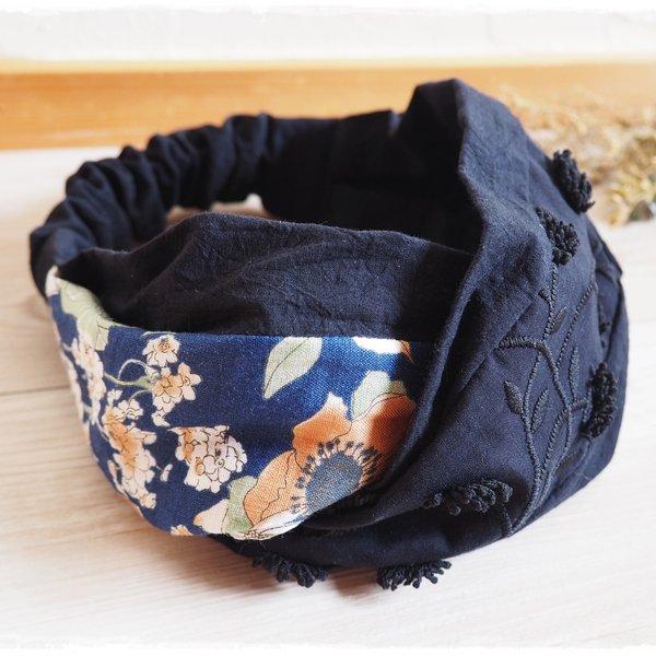 ＊　舶来生地　刺繡×リネン　ボタニカルヘアバンド　＊