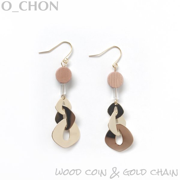 《再販》wood coin＊gold chain ピアス／イヤリング