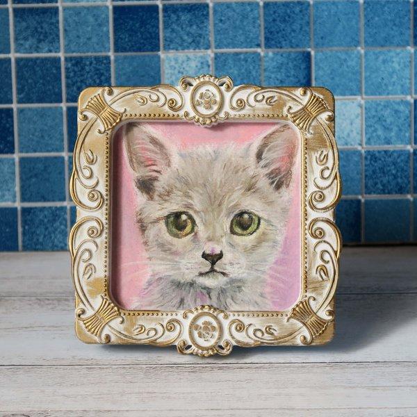 〈原画〉フレーム付きパステルイラスト　気品あるグレー猫ちゃんのミニ肖像画