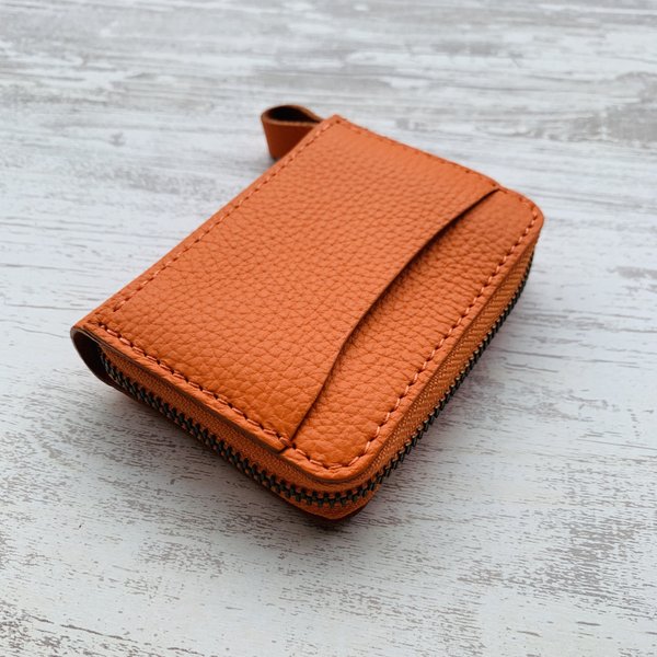 財布　オレンジ　小さい財布　カードケース　革　牛革　ミニウォレット