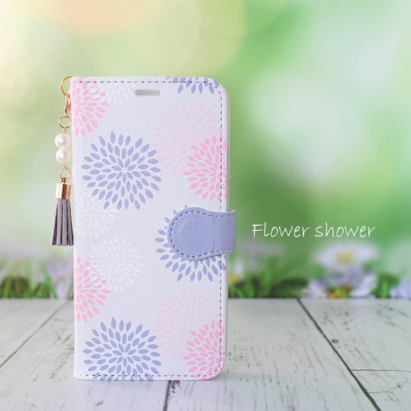 【iPhoneケース】北欧風 Flower Shower（ブルーグレー＆ピンク） ★ ほぼ全機種対応 手帳型スマホケース 
