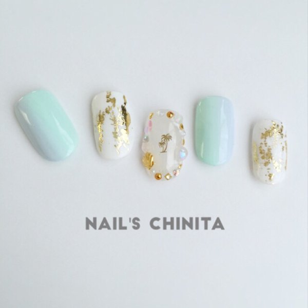 ♡gradation×beach nail♡/グラデーションネイル/ホイルネイル/シェル/パームツリー/縦グラデ/さわやかネイル/ブルーネイル 