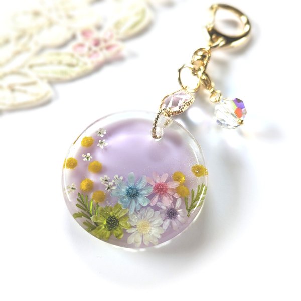 フラワー🌼レジン キーホルダー（パープル）バッグチャームに変更できます