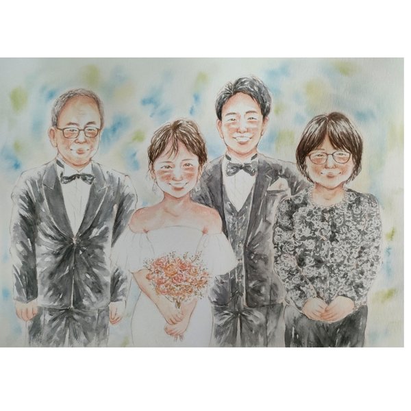 ウェディング 似顔絵 A4 結婚式 イラスト 子育て感謝状  水彩 ウェルカムボード 記念日 両親贈呈品