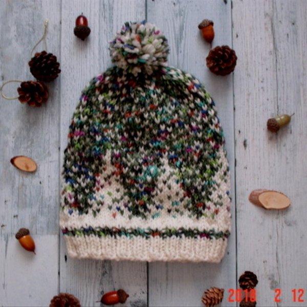 ☆彡ポンポン付き北欧柄編み込み粉雪の森ニット帽