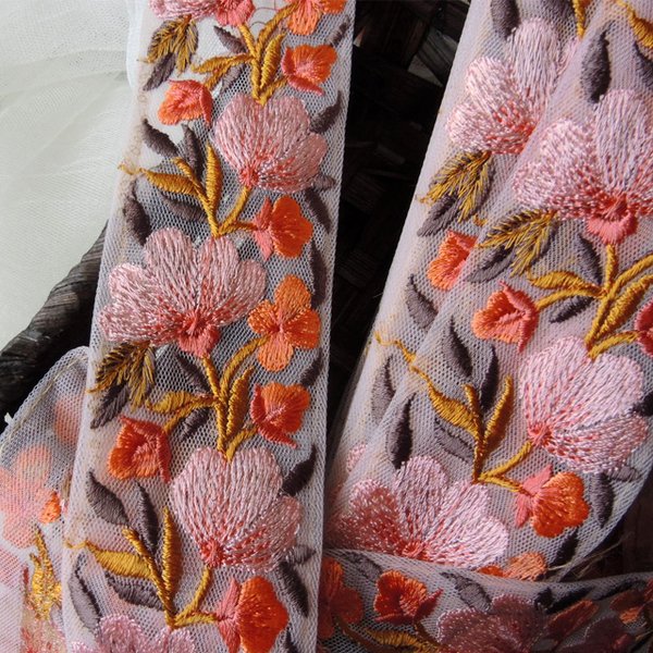カラフル チュール 刺繍リボン ボタニカル フラワー 花 薄ピンク インド刺繍リボン import parts IMP-RBN-3573