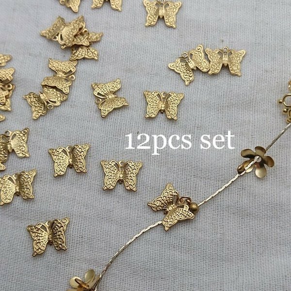 12個セット!真鍮 ミニバタフライ　チャーム　蝶々