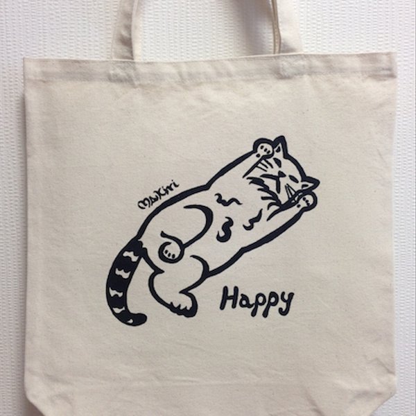 ハッピー猫のトートバッグ【両手で幸福を招き入れるHappyネコ】