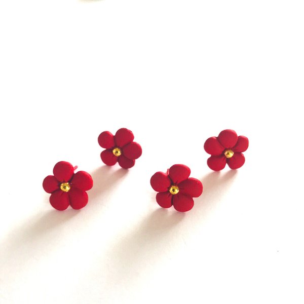 「#1501」花 ピアス 金具 (レッド)✴︎4個セット