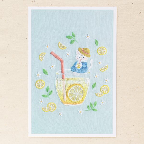3．刺繍イラスト　ポストカード　『レモンの風』