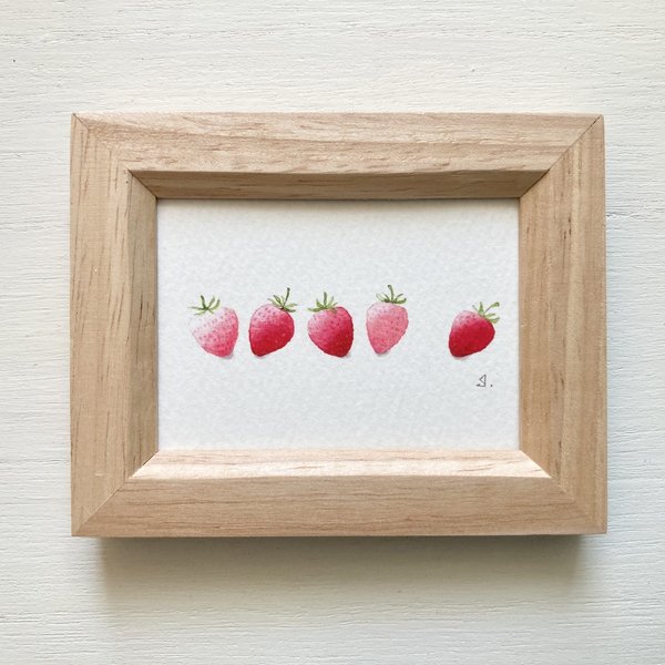 🍓「いちごコロコロ」水彩画イラストミニ額 フルーツいちご　イチゴ　春　母の日🍓