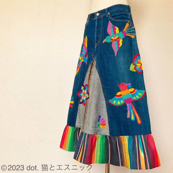 【花鳥風月】刺繍 デニム リメイク スカート