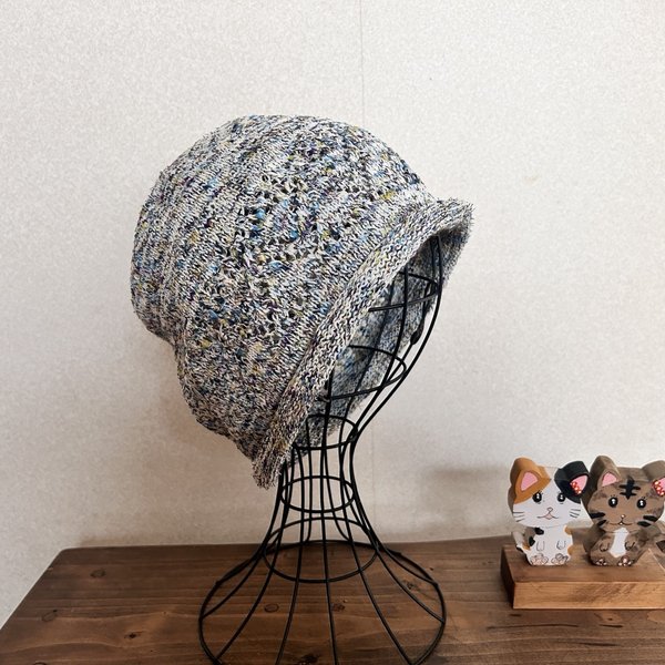 コットン　透かし編み帽子　Ｌサイズ　ブルー系Ｂ