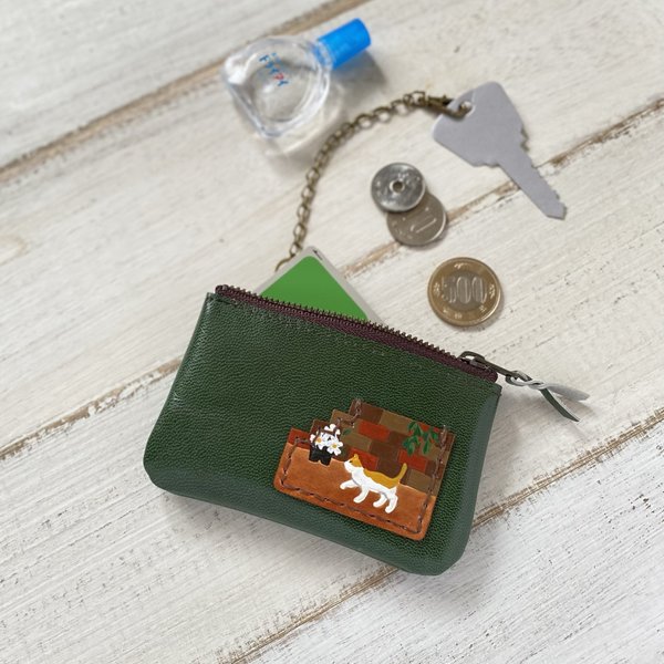 街角猫のヤギ革コインケース(緑）