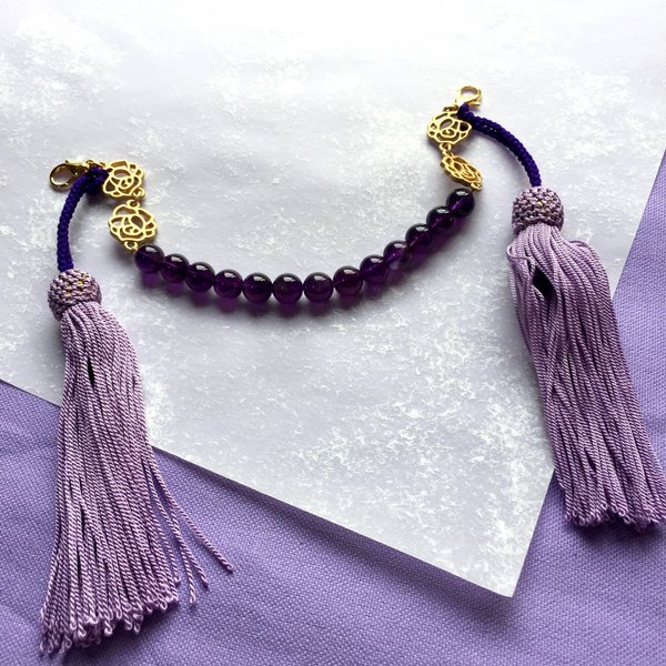 アメシスト羽織紐 兼用髪飾り　藤紫の正絹房飾り ユニセックス 着物男子 送料無料 オトナの和小物（金色）