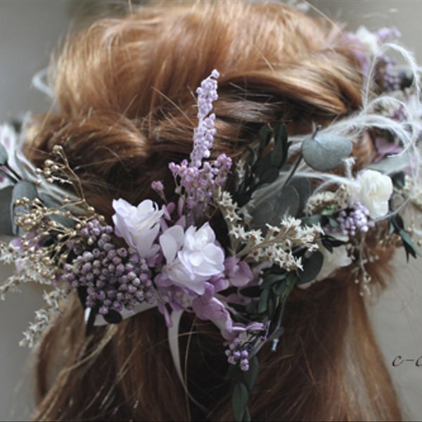 【再販】結婚式　花の髪飾り　ライラック紫陽花の花冠　♯010　プリザーブドフラワー　結婚式　成人式　前撮り