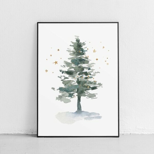 Xmas ポスター【ツリー】大人気！　休日　星　モミの木　もみの木　イラスト　水彩　クリスマス　森　自然　風景　Christmas