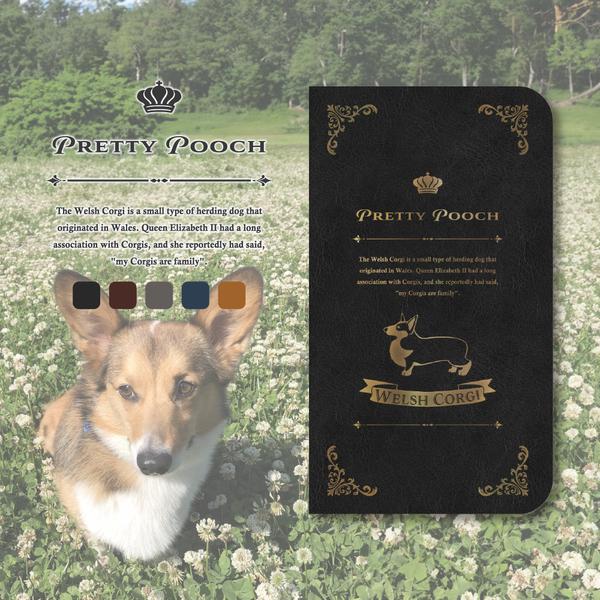 Pretty Pooch コーギー犬と英国 レザー調洋書風 手帳型スマホケース iPhone Android