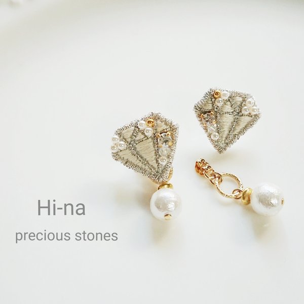 「precious stones」刺繍イヤリング   宝石刺繍の耳飾り　