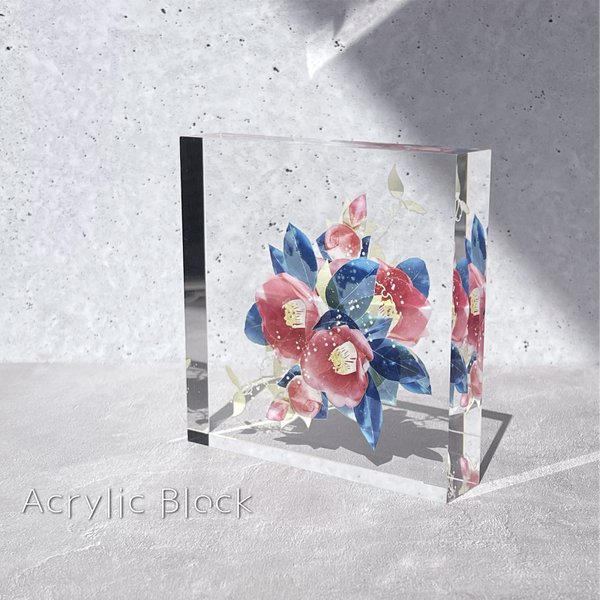 -椿- 花と草木のアクリルブロック（10cm×10cm）