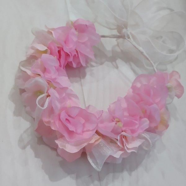 【new】ピンクのふわふわアジサイとスイトピーの花冠〜キッズ〜　誕生日　記念日　プレゼント　子供　女のコ