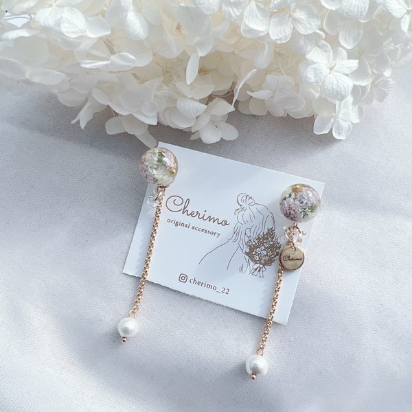 新作♡ロングアクセサリー×コットンパール×かすみ草×イヤリング ピアス アクセサリー  結婚式 ブライダル