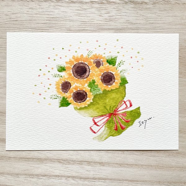 🌻透明水彩画「ひまわりの花束」 イラストポストカード 2枚セット 夏　暑中見舞い　残暑見舞い　父の日　母の日　ヒマワリ　向日葵　花　フラワー　