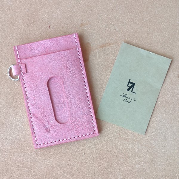 ワックスレザーのパスケース【ピンク】  3ポケット イタリアンレザー使用 定期入れ 本革・手縫い