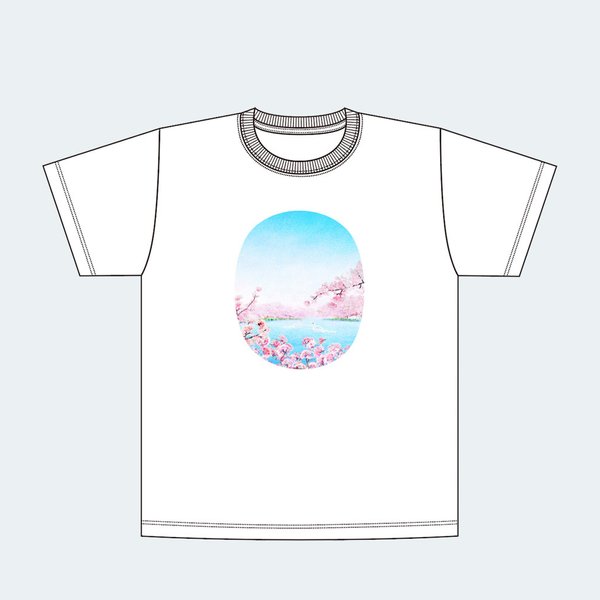 【春限定】満開の桜と、スワンボートが浮かぶ湖を描いた、キッズTシャツ