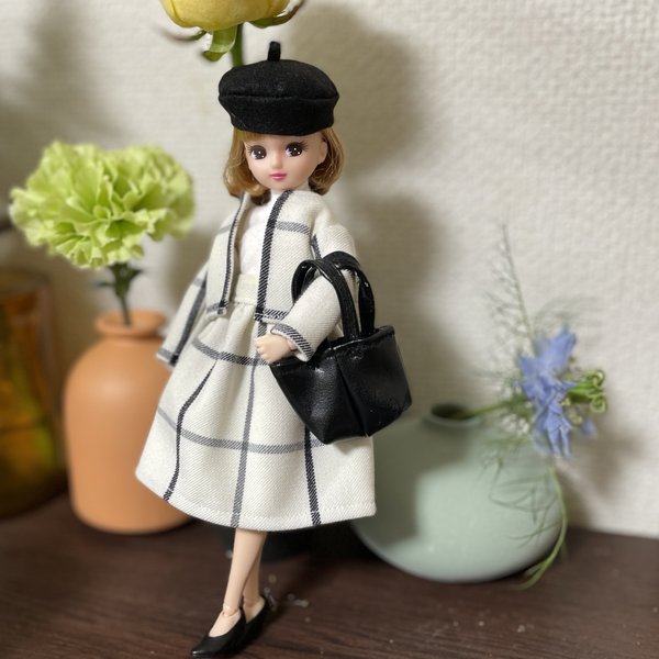 L23011 リカちゃん ブライス　ハンドメイド  服　ウールチェック　セットアップ　コーデ