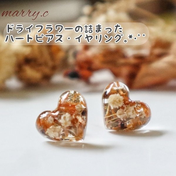 ドライフラワーの詰まったハートピアス・イヤリング｡*･ﾟﾟmarry.c's handmadeaccessory