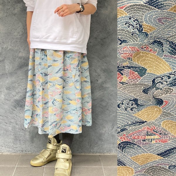 着物リメイク　ベルト付きギャザーロングスカート　long skirt made from Kimono
