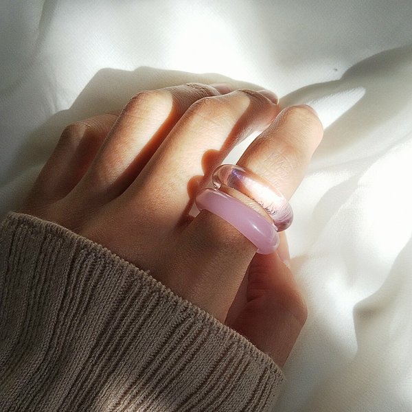 [2個セット]   ふんわり桃色 ダブルガラス リング  clear glass ring