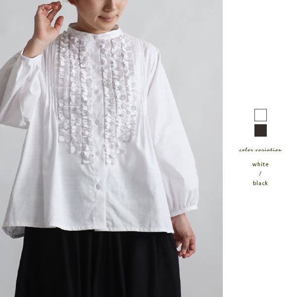 新作　２色　ギマ擬麻コットン　大人甘めの小花フリルシャツ　羽織　ゆったり　ブラウス　ブラック　ホワイト　２色